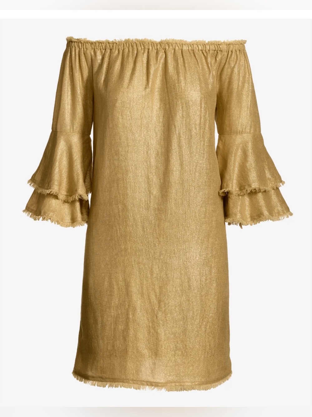 Boston Proper Metallic Gold Off-Shoulder Ruffle-Sleeve Dress